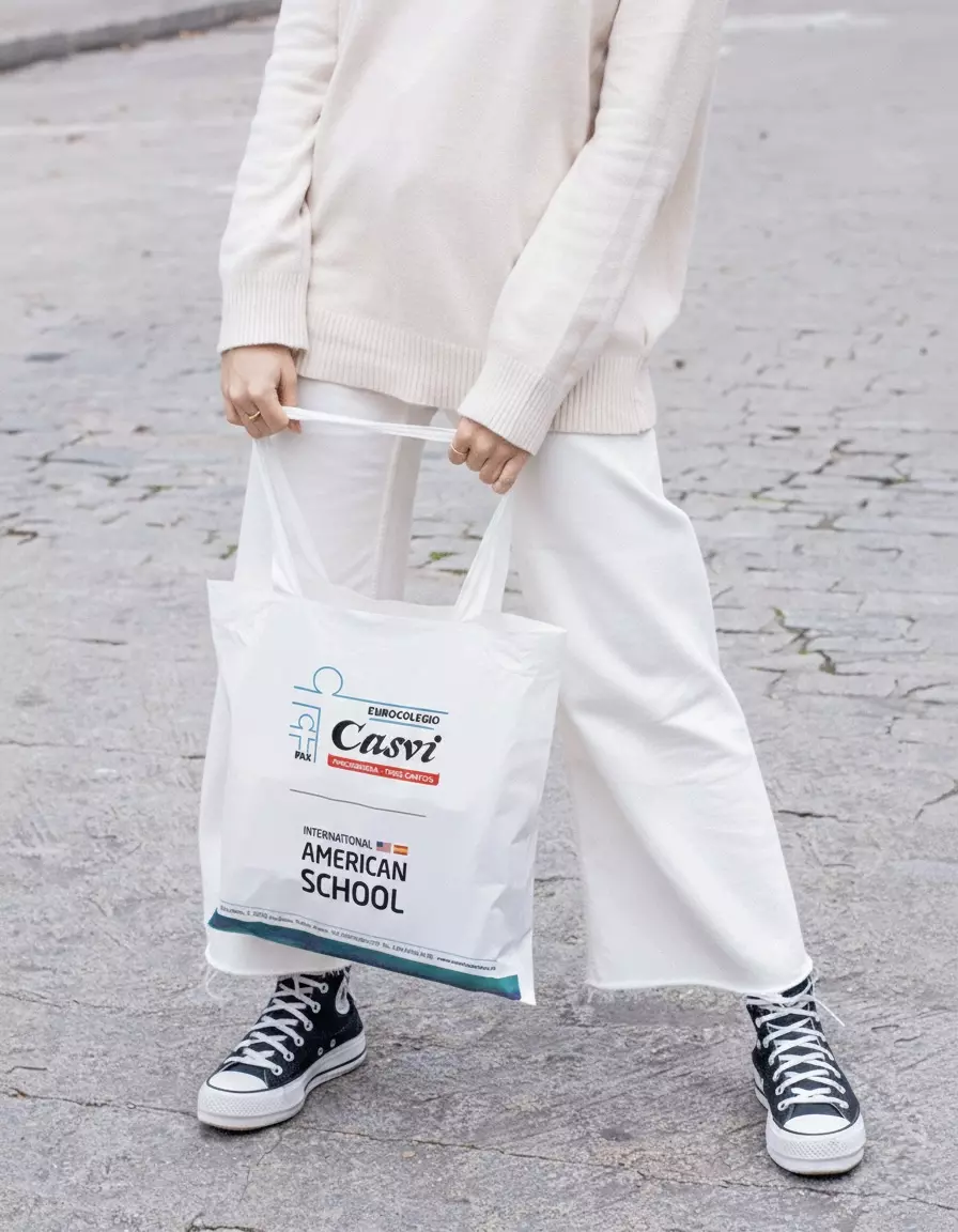 Mujer sujetando bolsa de lazo Mujer bolsa de lazo