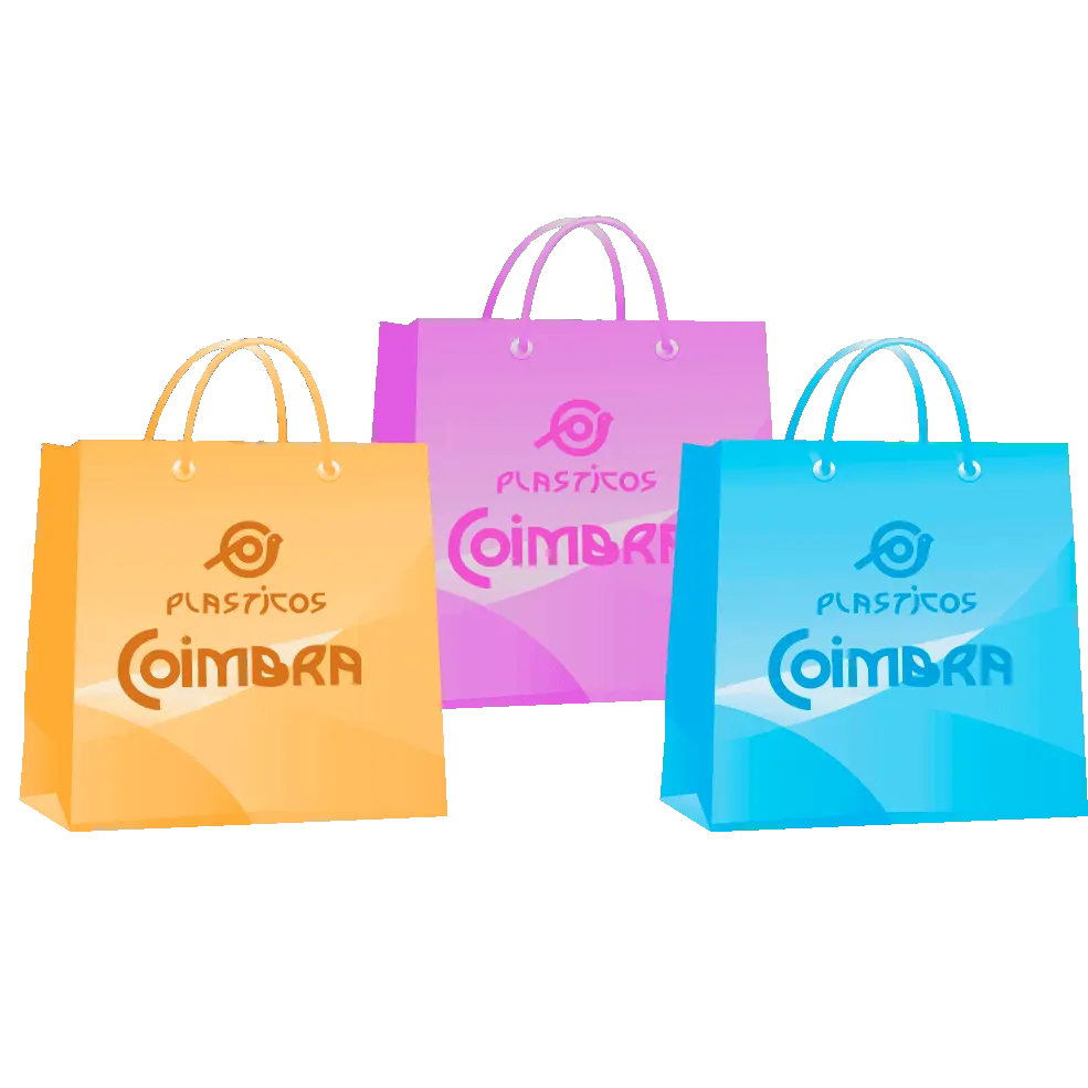 Bolsas de plástico personalizadas en varios colores con el logotipo de Plásticos Coimbra