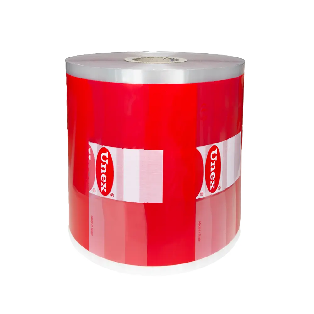 Bobina de plástico y envasado de polipropileno roja con logotipo de empresa Unex para embalaje industrial fabricada por Plásticos Coimbra