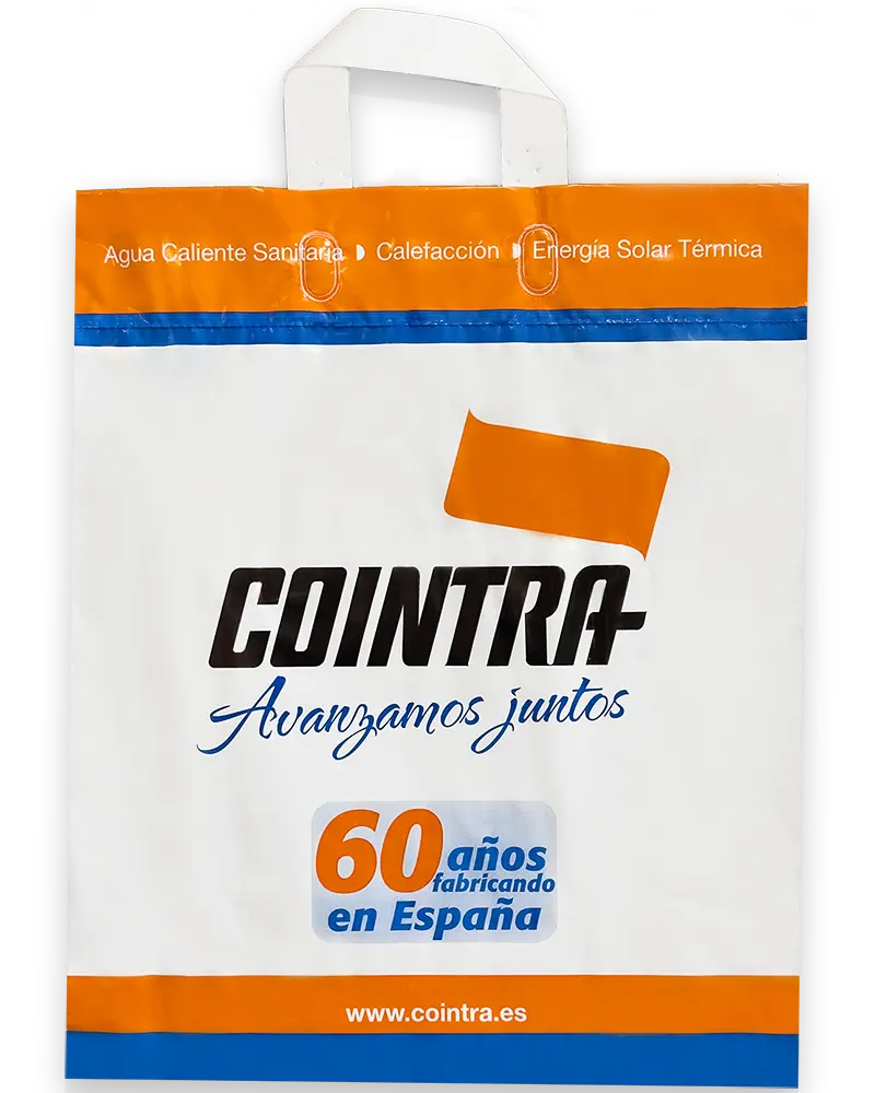 Bolsa de plástico personalizada con asa de lazo flexible de Plásticos Coimbra