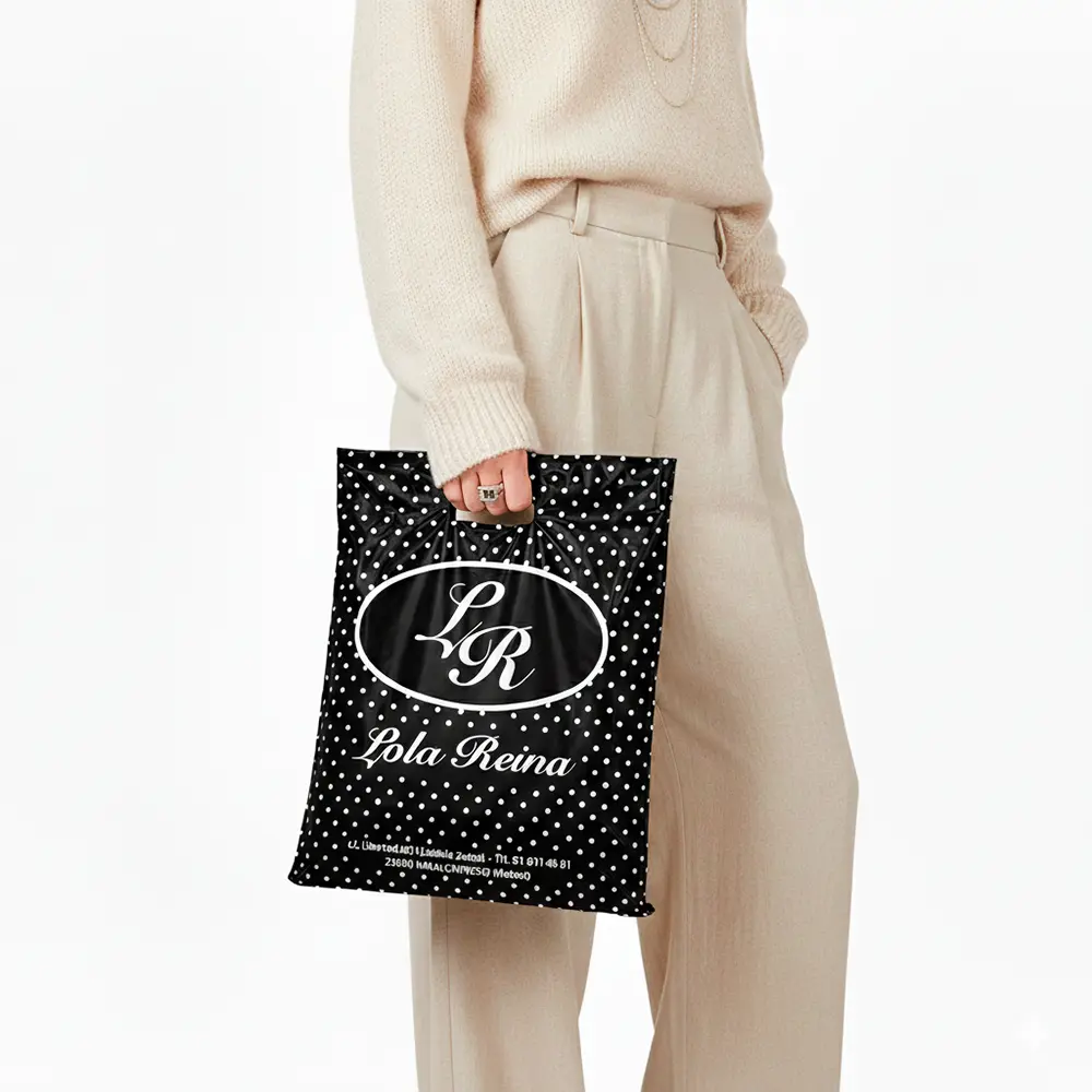 Modelo con bolsa de boutique personalizada de alta gama para tiendas de moda por Plásticos Coimbra