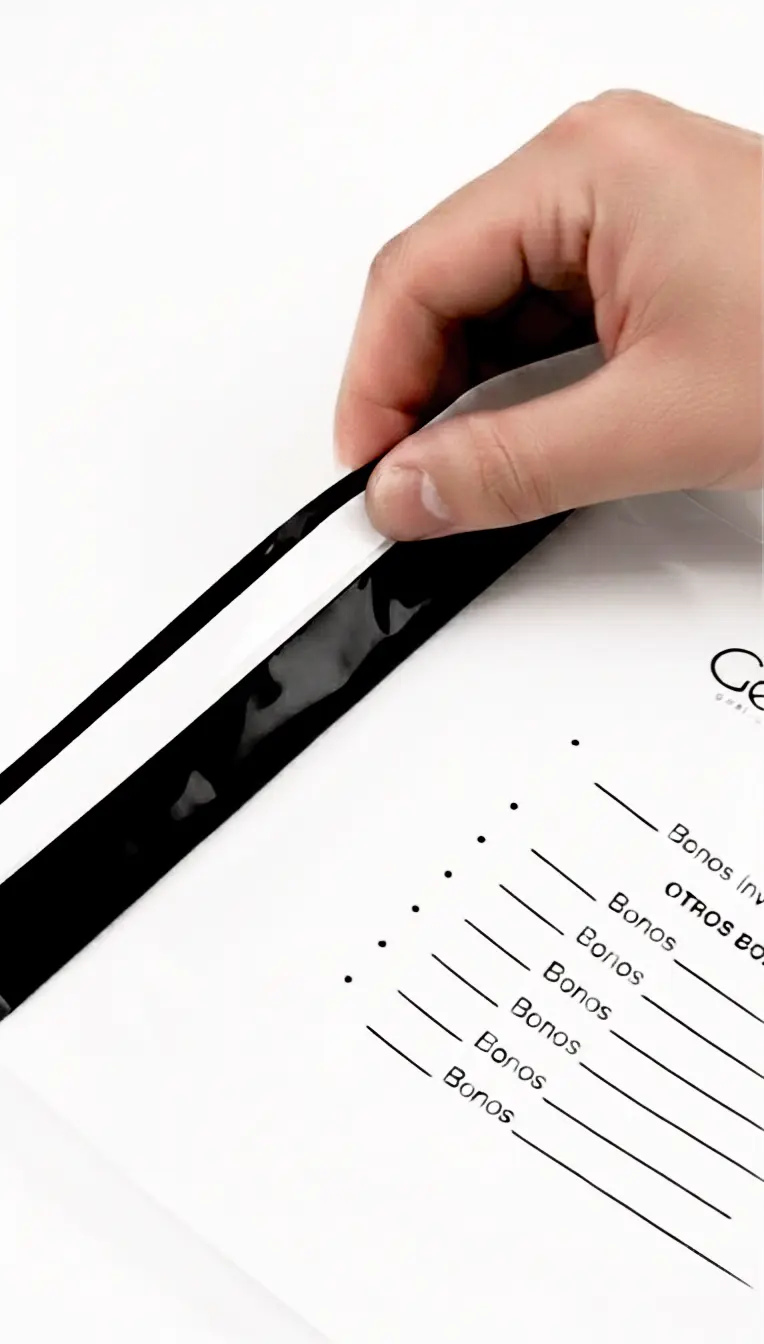 Detalle de cierre adhesivo inviolable de alta seguridad en bolsa de mensajería porPlásticos Coimbra