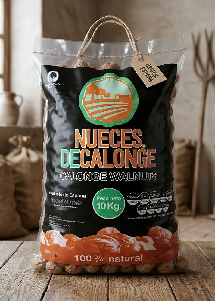 Saco de plástico de alta resistencia para 10 kg de nueces personalizado por Plásticos coimbra