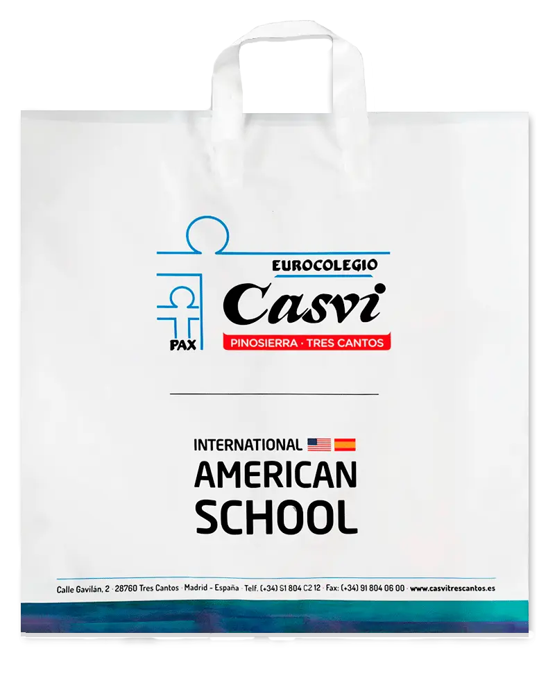 Bolsa de lazo flexible personalizada para colegios y centros educativos por Plásticos Coimbra