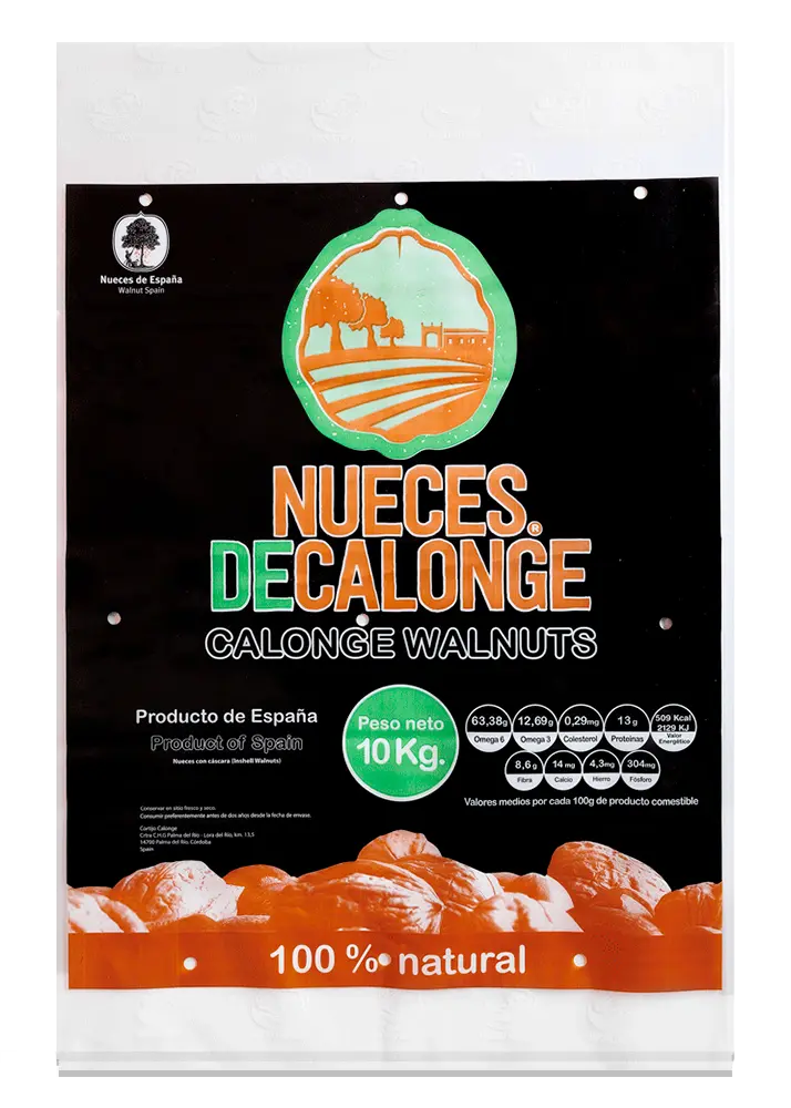 Saco para nueces de 10 kg personalizado con impresión a color por Plásticos Coimbra