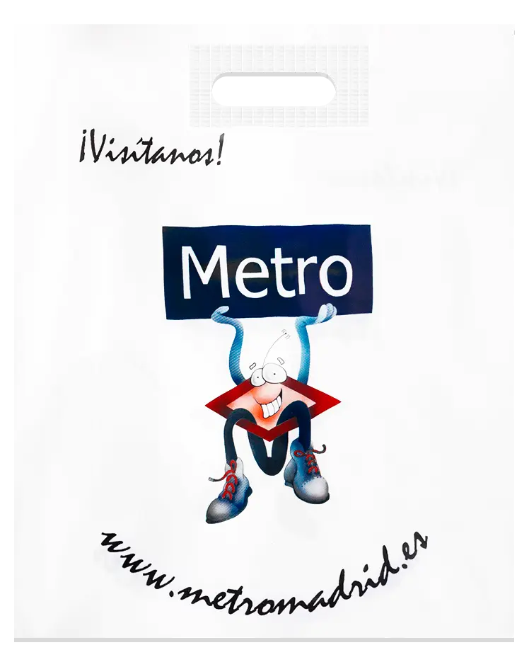  Bolsa de plástico con asa de parche personalizada para merchandising de Metro por Plásticos Coimbra