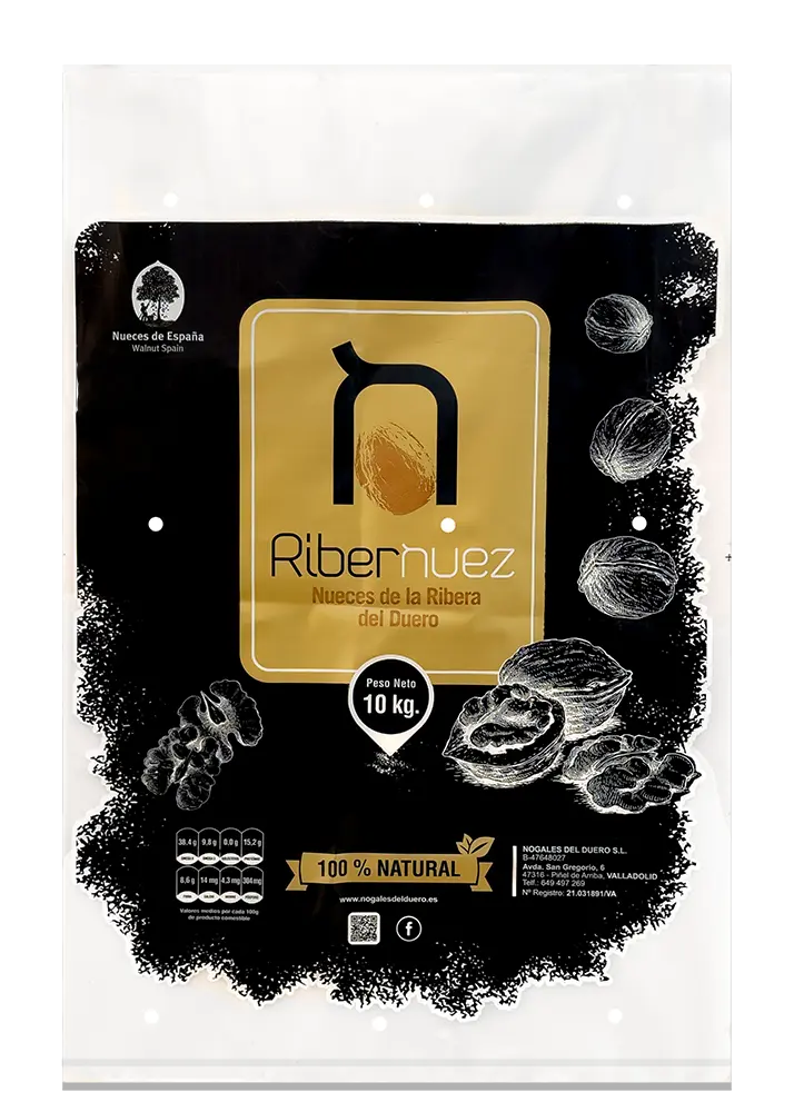 Saco de polietileno negro para nueces de 10 kg personalizado por Plásticos Coimbra