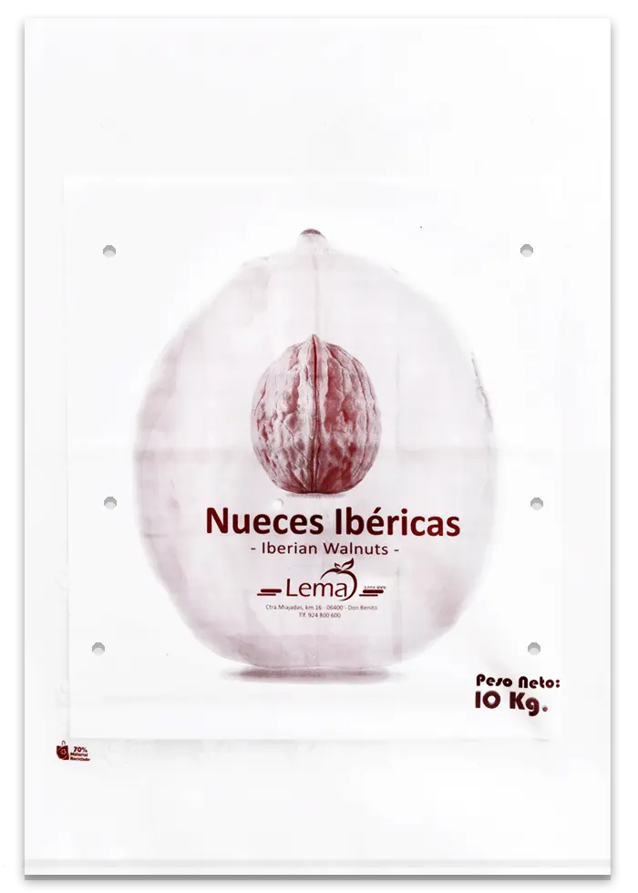 Saco de plástico para nueces ibéricas de 10 kg con alta transparencia por Plásticos Coimbra