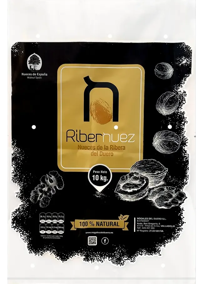 Saco de polietileno negro para nueces de 10 kg personalizado por Plásticos Coimbra