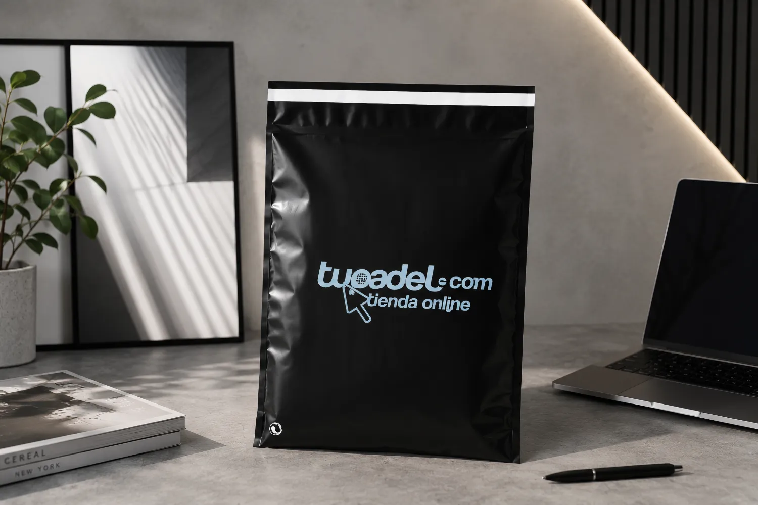   Bolsa de mensajería negra con solapa adhesiva para envíos e-commerce - Plásticos Coimbra⁠