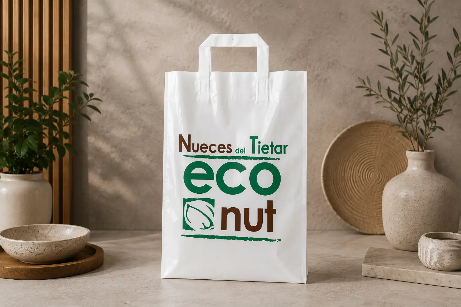 Bolsa blanca de asa lazo impresa para alimentación y frutos secos - Plásticos Coimbra⁠
