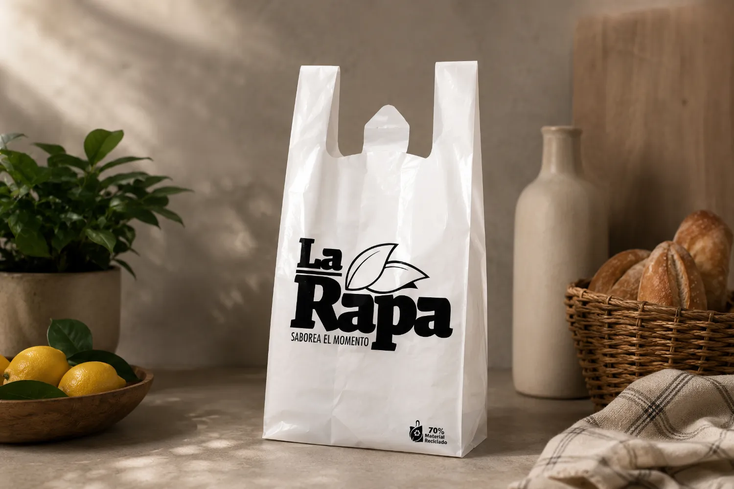 Bolsa tipo camiseta blanca impresa para alimentación - Plásticos Coimbra⁠