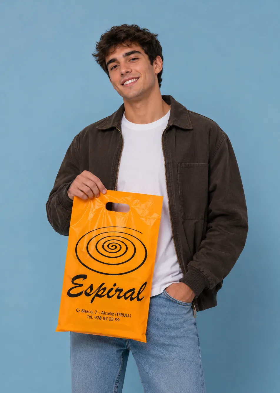 Bolsa troquelada de plástico naranja impresa para comercio - Plásticos Coimbra⁠