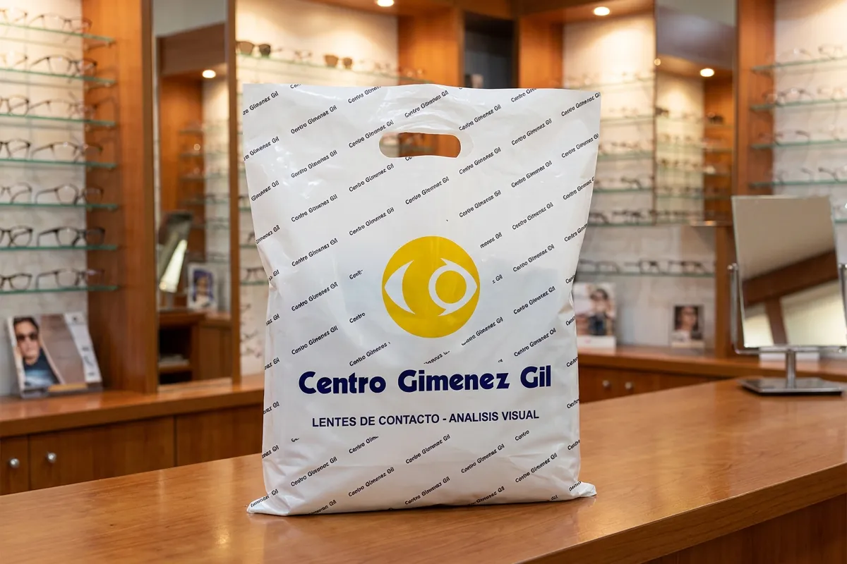 Bolsa de plástico con asa troquelada blanca y amarilla - Plásticos Coimbra