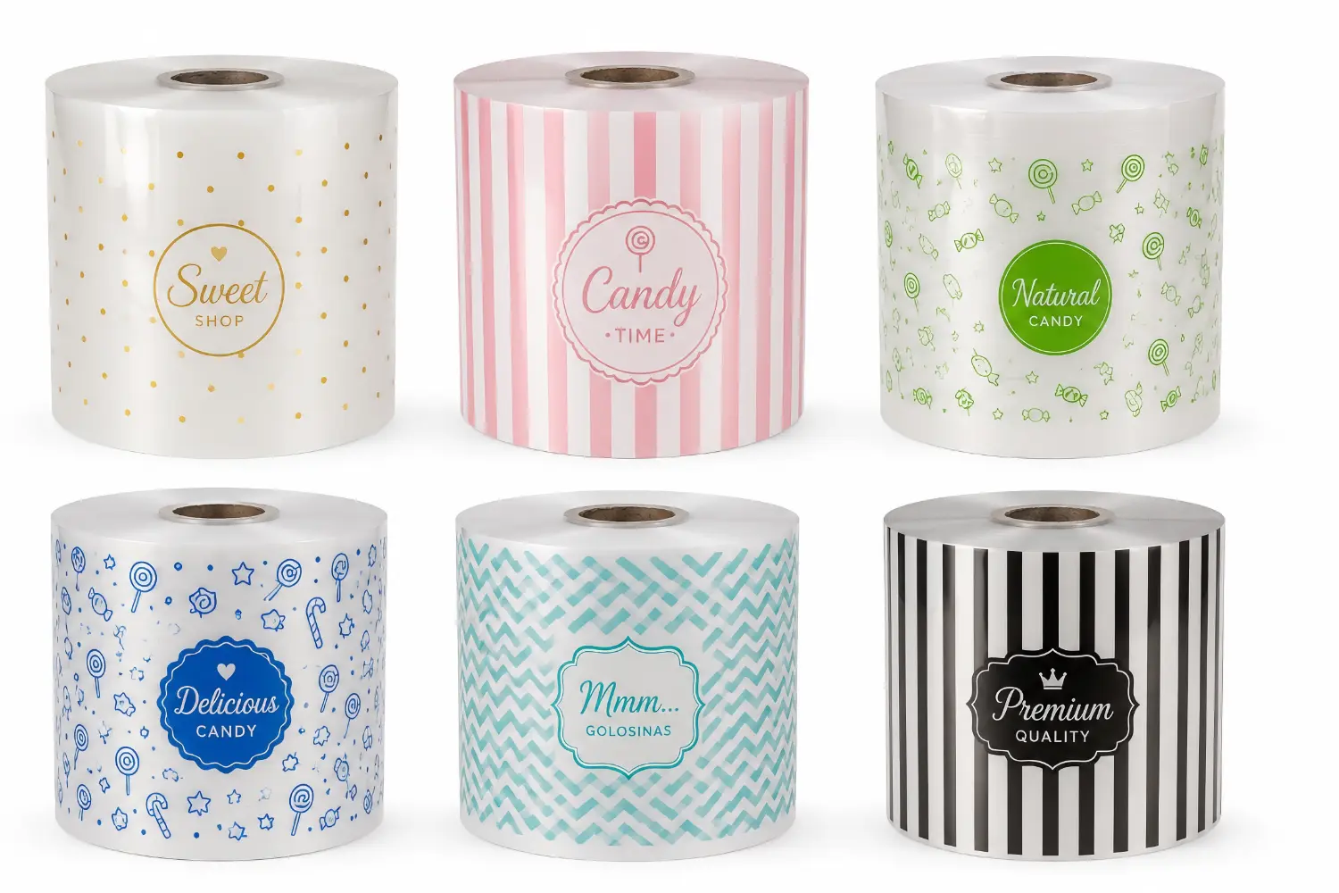 Muestrario de bobinas de plástico impresas con diseños personalizados - Plásticos Coimbra⁠